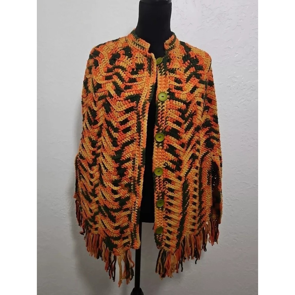 Vtg Womens Hand Made Crochet Poncho Cardigan 70s Hippie Retro Button Up